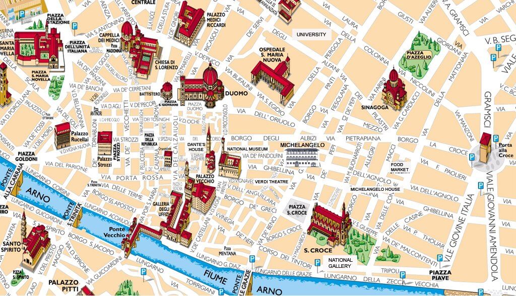 Mapa dos pontos turísticos em Florença Mapa dos pontos turísticos em Florença