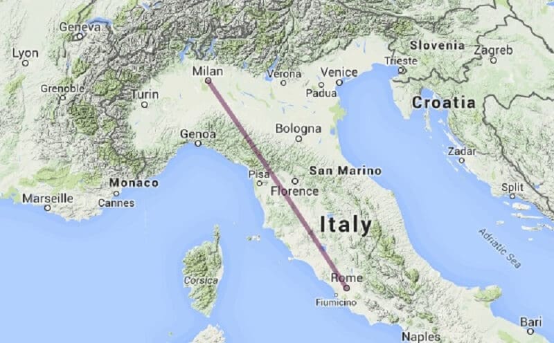 Mapa da viagem de Roma para Milão Mapa da viagem de Roma para Milão