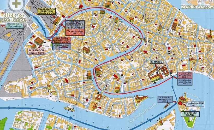 Mapa de atracciones en Venecia