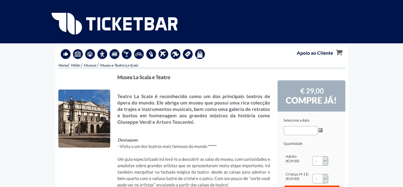 Ticketbar para ingressos para a visita ao Museu La Scala e Teatro em Milão Ticketbar para ingressos para a visita ao Museu La Scala e Teatro em Milão