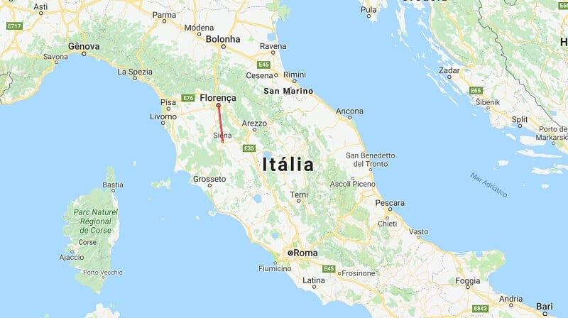 Mapa da viagem de Siena a Florença Mapa da viagem de Siena a Florença