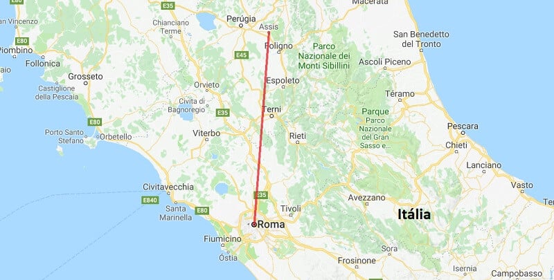 Mapa da viagem de Assis a Roma Mapa da viagem de Assis a Roma