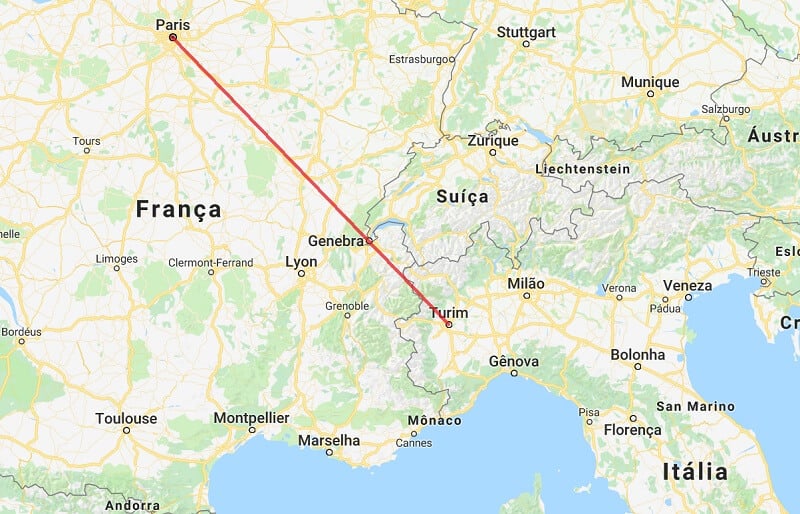 Mapa da viagem de Turim a Paris Mapa da viagem de Turim a Paris