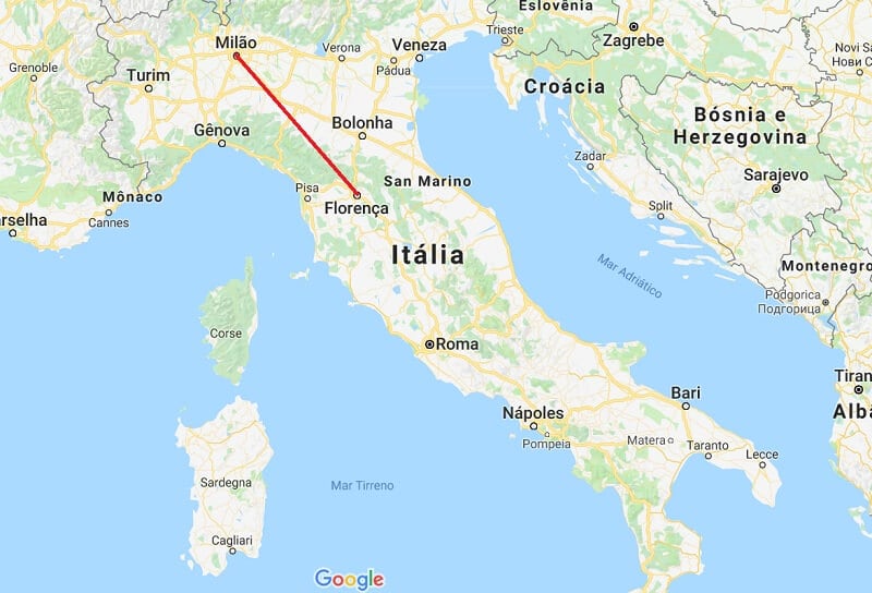 Mapa da viagem de Florença a Milão Mapa da viagem de Florença a Milão