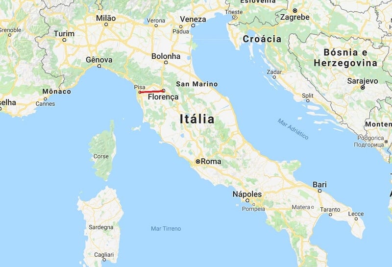 Mapa da viagem de Pisa para Florença Mapa da viagem de Pisa para Florença