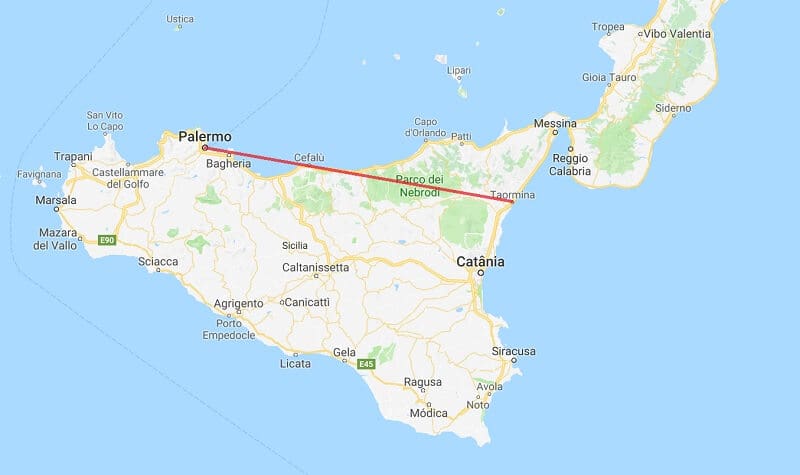 Mapa da viagem de trem de Palermo a Taormina Mapa da viagem de trem de Palermo a Taormina