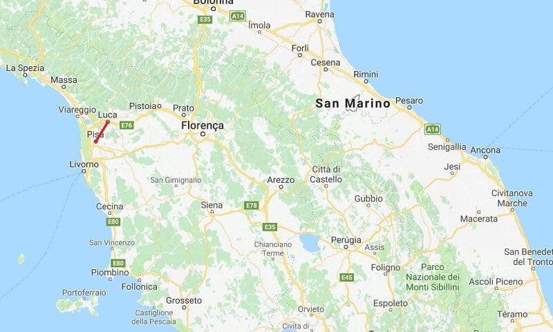Mapa da viagem de Pisa a Lucca Mapa da viagem de Pisa a Lucca