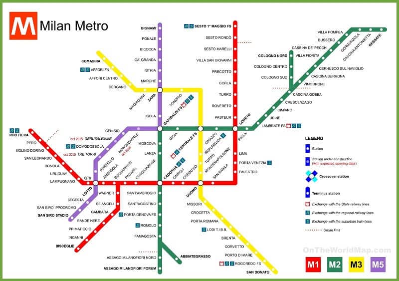 Mapa das linhas de metrô de Milão Mapa das linhas de metrô de Milão