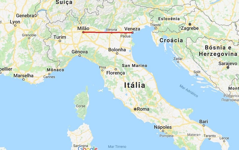 Mapa da viagem de Milão a Veneza Mapa da viagem de Milão a Veneza